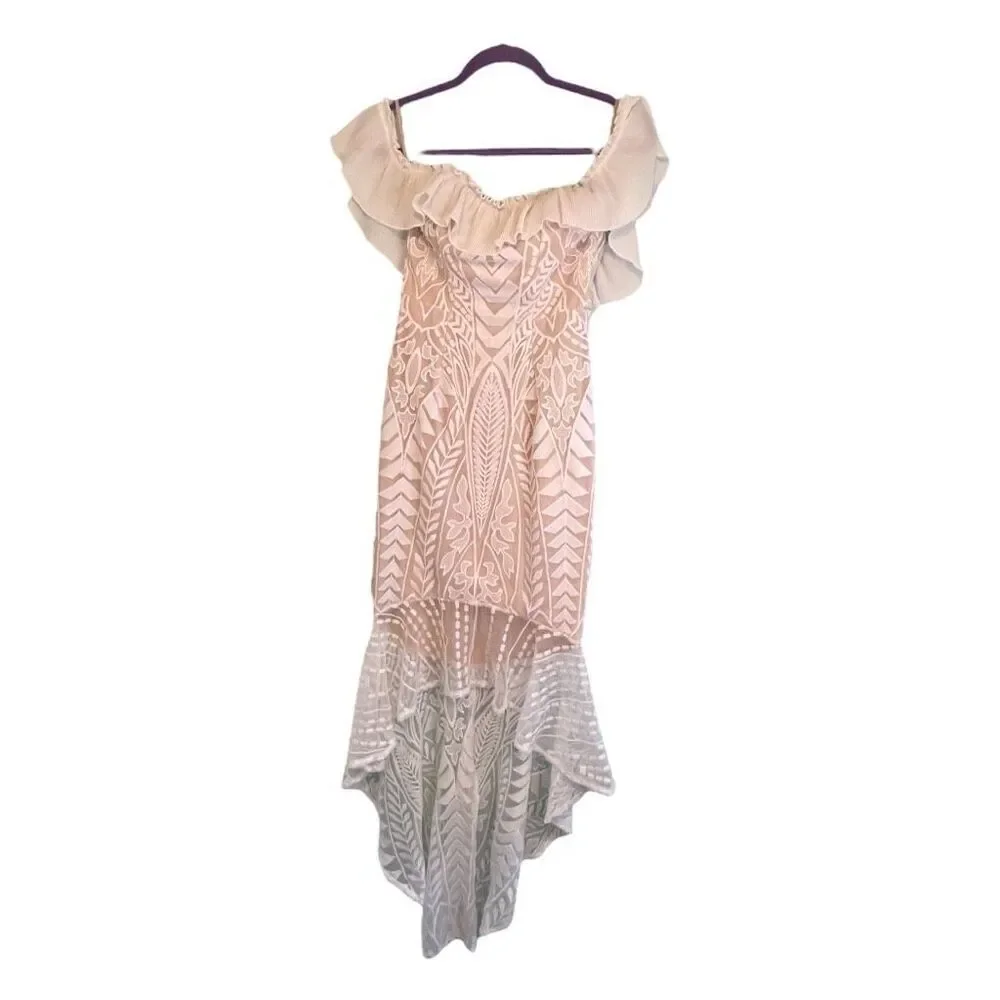 Selfie Leslie Dreamy Off The Shoulder Dress Ivory Tan Lace High Low Ruffle S - Picture 5 of 13